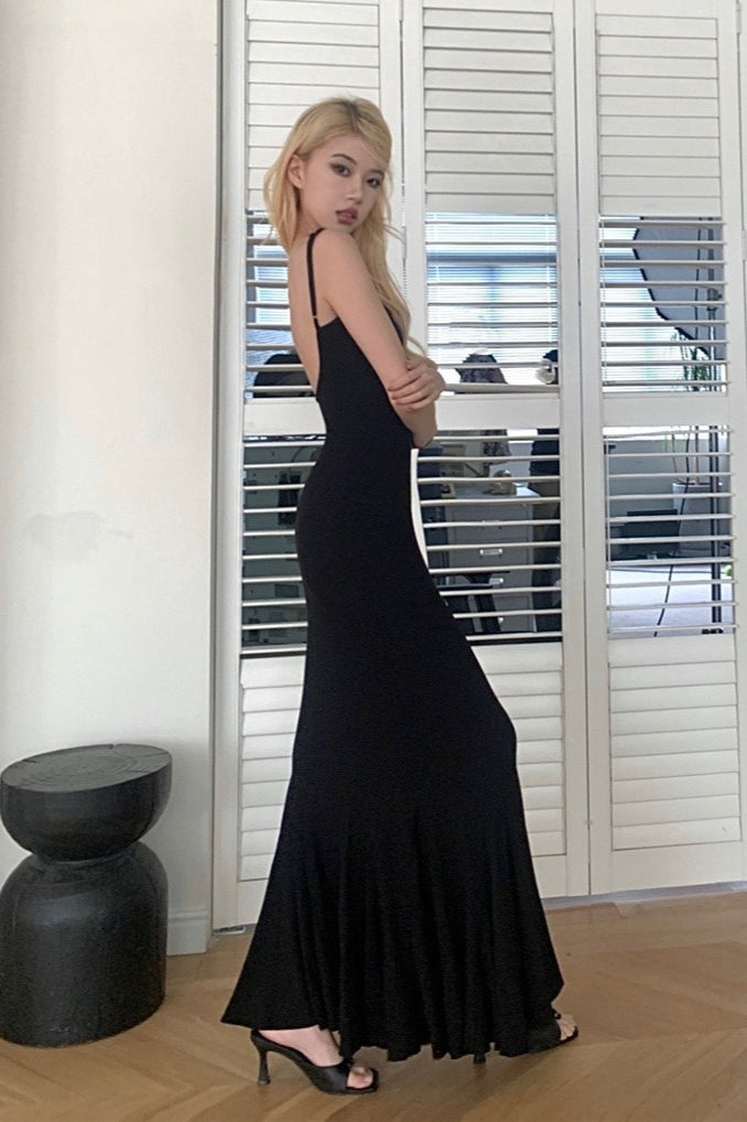 Spaghetti Strap Scoop Back Mermaid Ruffle Hem Maxi Dress