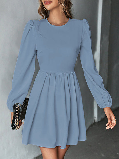 A-Line Bishop Sleeve Backless Elasticity Hollow Pleated Solid Color Tied Round-Neck Mini Dresses