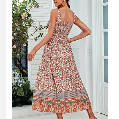 Beach Flower Print Maxi Dress in Apricot Green Navy