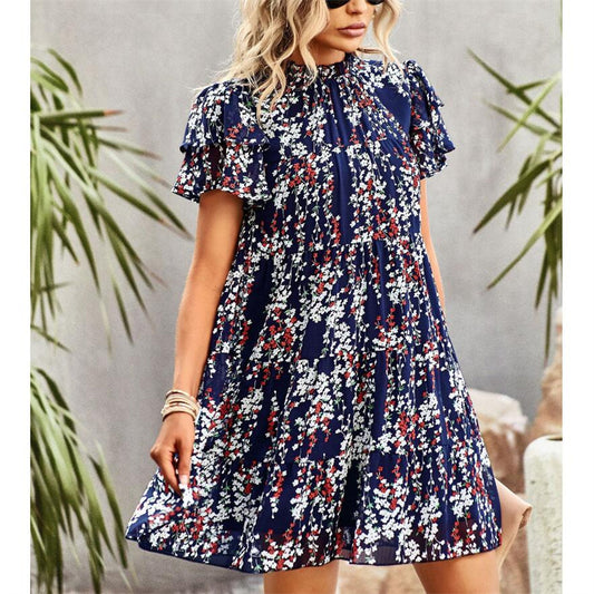 Bohemian Print Mini Dress with Round Neck for Women