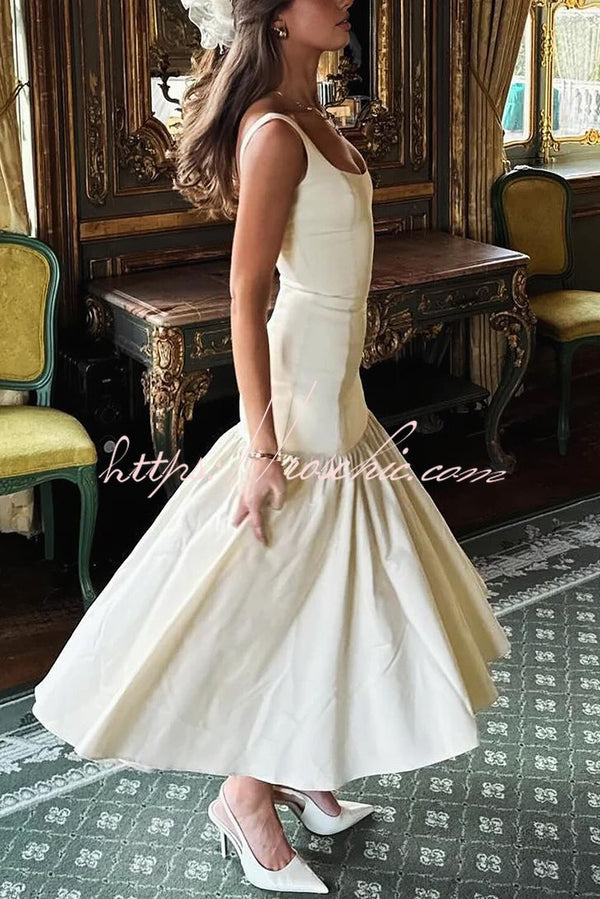 Graceful Silhouette Square Neck Wide Strap Drop Waist Midi Dress
