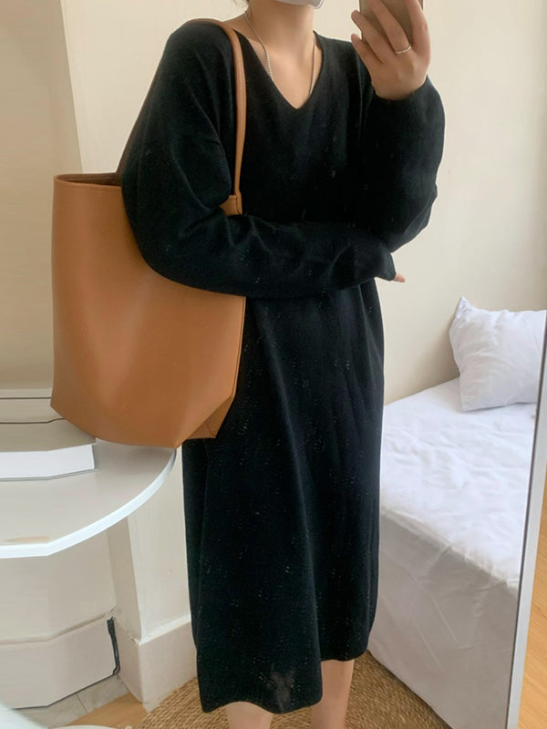 Long Sleeves Loose Solid Color V-Neck Midi Dresses Sweater Dresses
