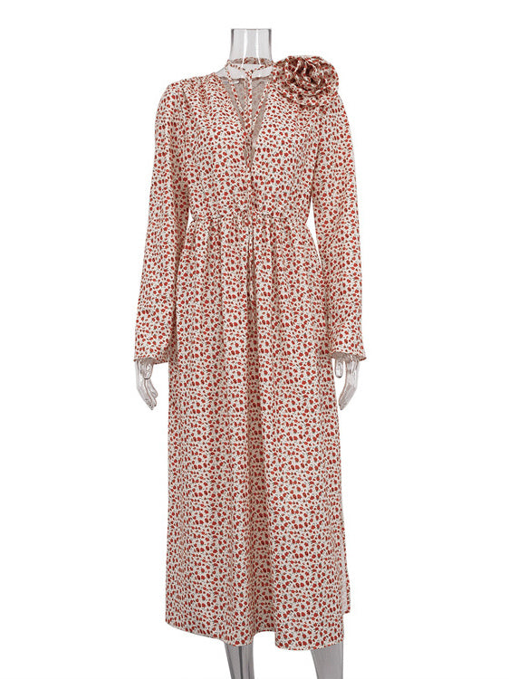 Floral Dress Bloosm Plunge High Slit Long Sleeves Busniess Casual Maxi Dresses