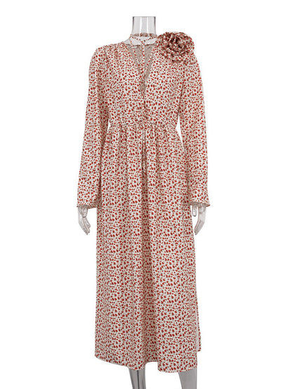 Floral Dress Bloosm Plunge High Slit Long Sleeves Busniess Casual Maxi Dresses