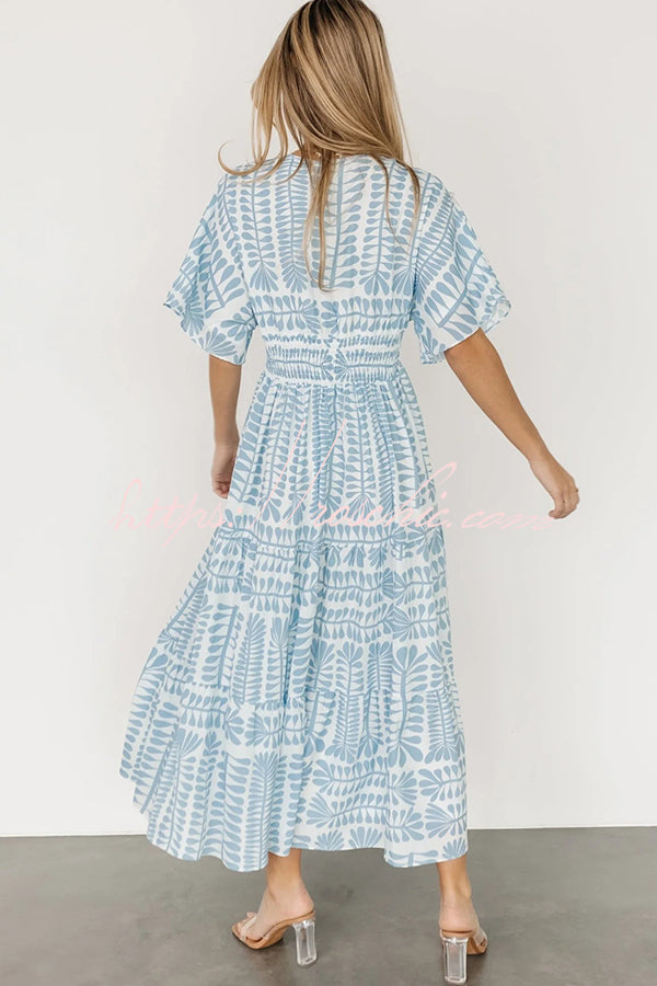 Bohemian Style Unique Printed Short Sleeve High Waist Midi Dress