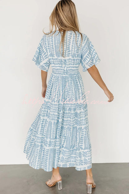 Bohemian Style Unique Printed Short Sleeve High Waist Midi Dress