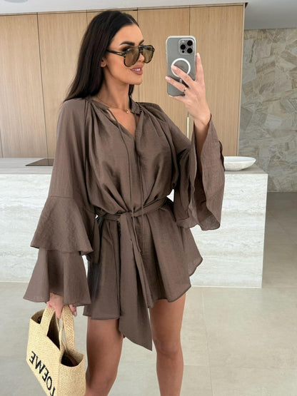 V-neck, Irregular Tie-waist, Long-sleeved, Loose-fitting Short Dress