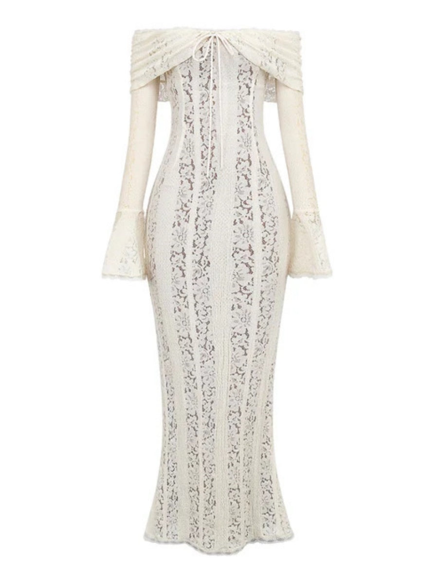 Lace Hollow Off Shoulder Flared Sleeves Hip-hugging Maxi Dresses