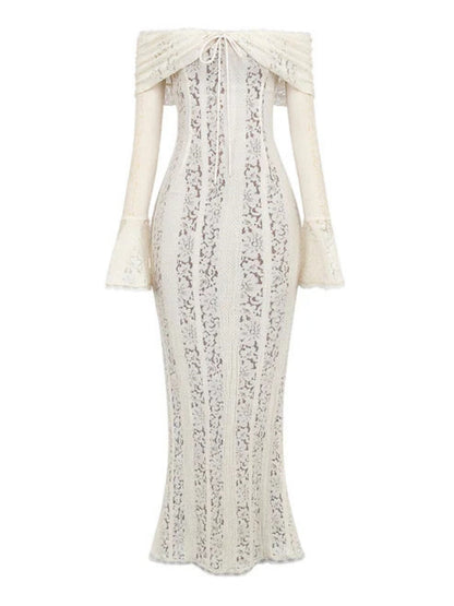 Lace Hollow Off Shoulder Flared Sleeves Hip-hugging Maxi Dresses