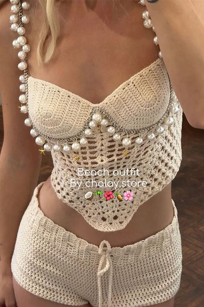 Margovil Pearl Trim Hollow Out Knit Crop Cami Top