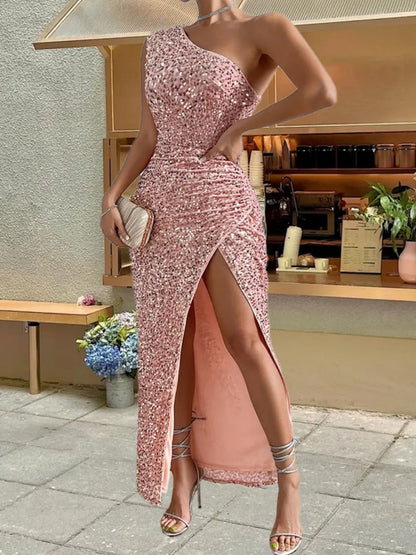 Sequined One-shoulder Sleeveless Slit Maxi Dresses
