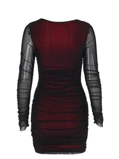 Fitted Mesh Long-Sleeved Bodycon Deep Red Short Dress