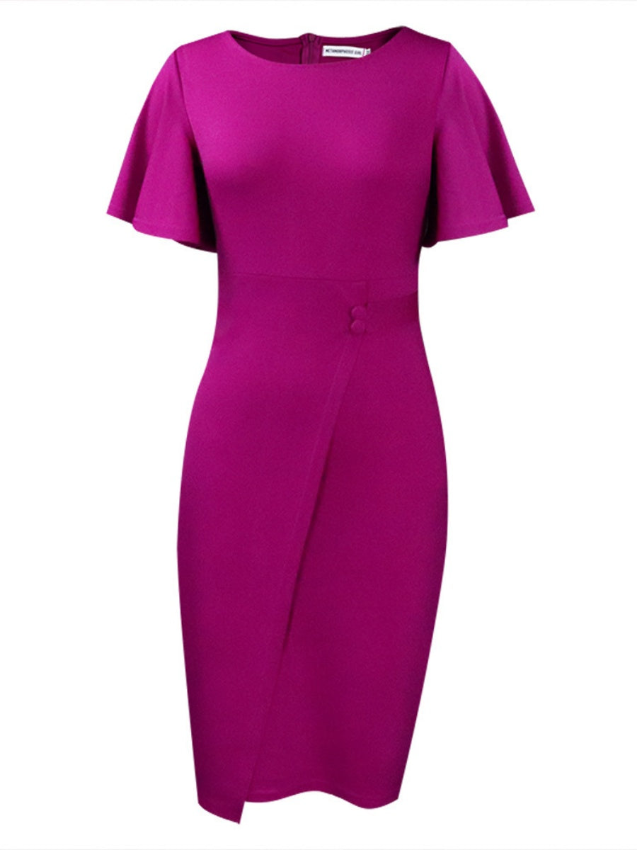 Commuting Lotus Leaf Sleeves Buttons Solid Color Mini&Short Dresses
