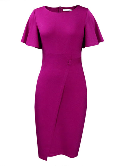Commuting Lotus Leaf Sleeves Buttons Solid Color Mini&Short Dresses