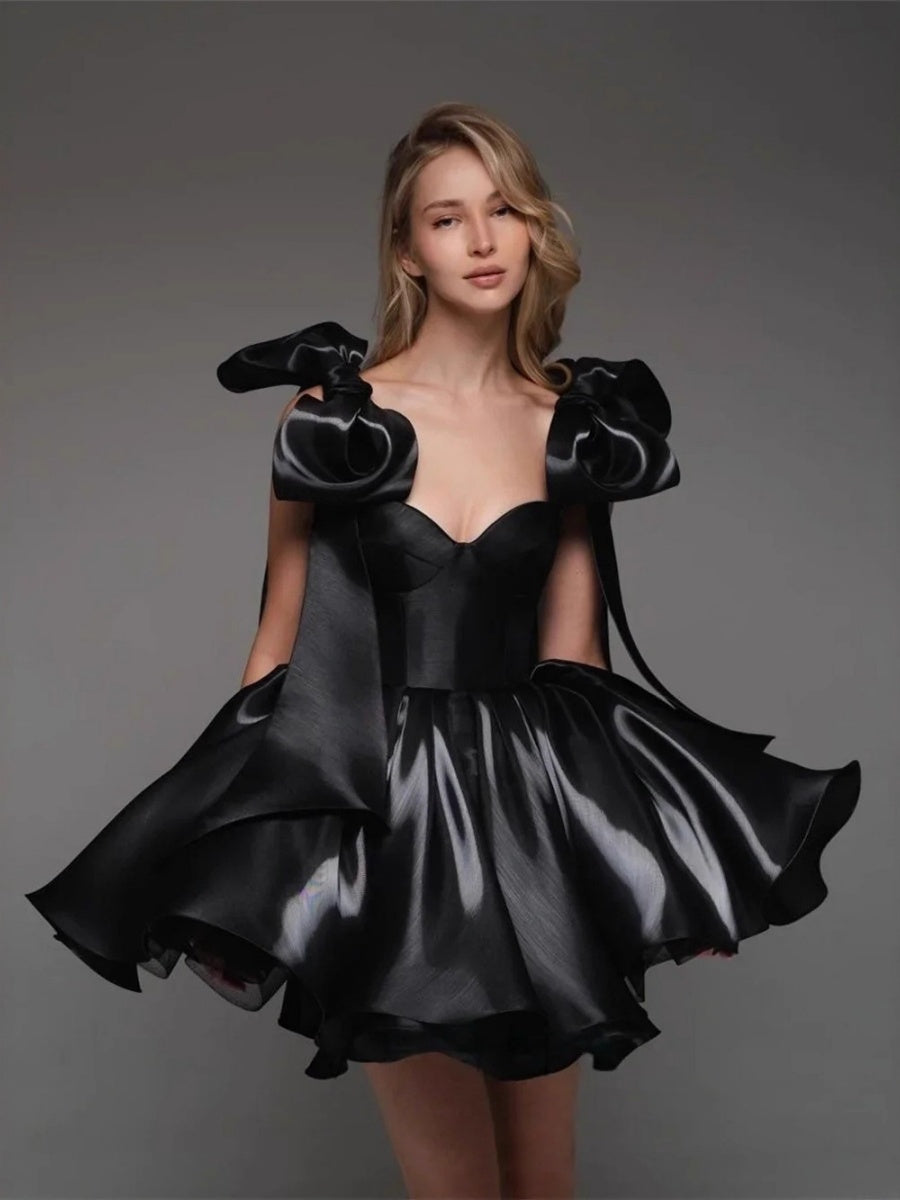 Glossy Fabric, Bow Design, Spaghetti Strap Mini Dress