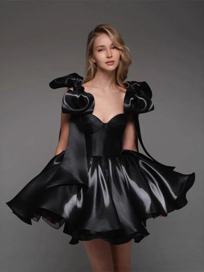 Glossy Fabric, Bow Design, Spaghetti Strap Mini Dress