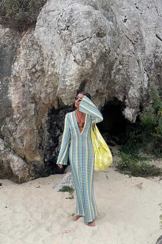 Scallop Circle Print Deep V-Neck Long Sleeve Front Slit Maxi Dress