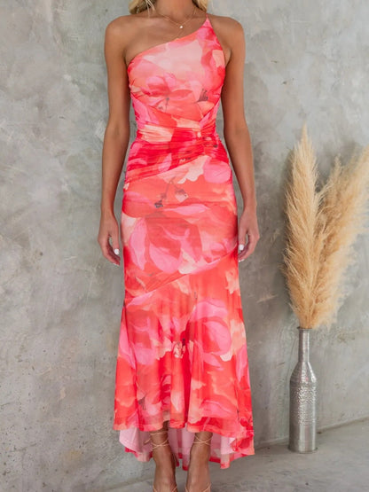 Sloping Shoulders Printed Stretch Tube Top Maxi Dresses