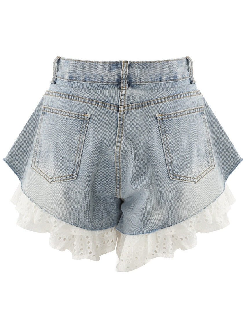 Straight-leg Patchwork Lace Denim Shorts