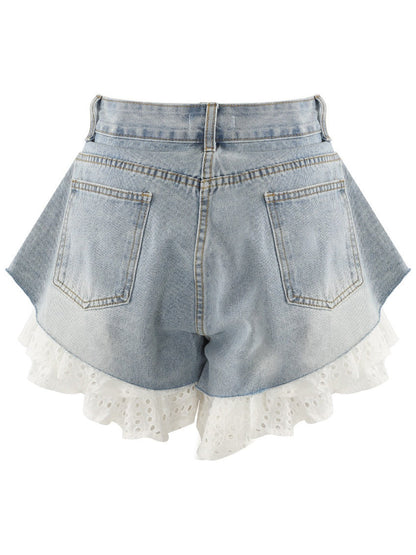 Straight-leg Patchwork Lace Denim Shorts