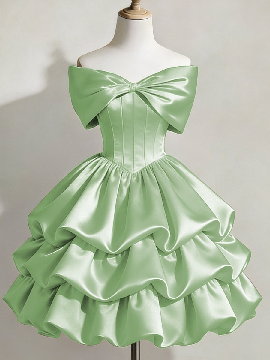 Satin Off-shoulder Bow Design Multi-layered Short Dress