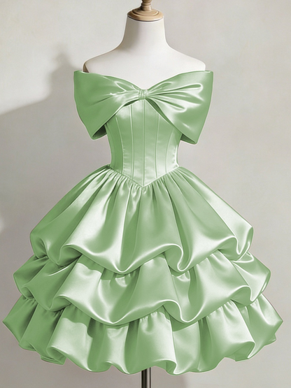 Satin Off-shoulder Bow Design Multi-layered Short Dress