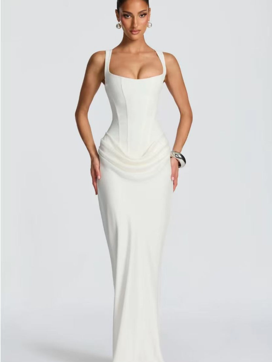 Fish Bones Waist Corset Pleated Camisoles Sleeveless Hip-hugging Maxi Dresses