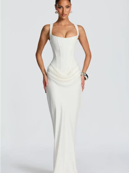 Fish Bones Waist Corset Pleated Camisoles Sleeveless Hip-hugging Maxi Dresses