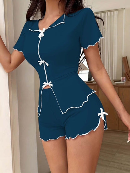 Sexy Bow-Tie Stretch Short-Sleeve And Shorts Set - Can Be Worn Out As Loungewear