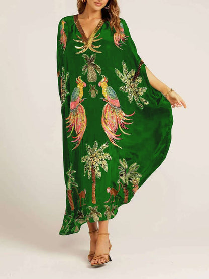 V-neck Floral Print Loose-fitting Long Dress
