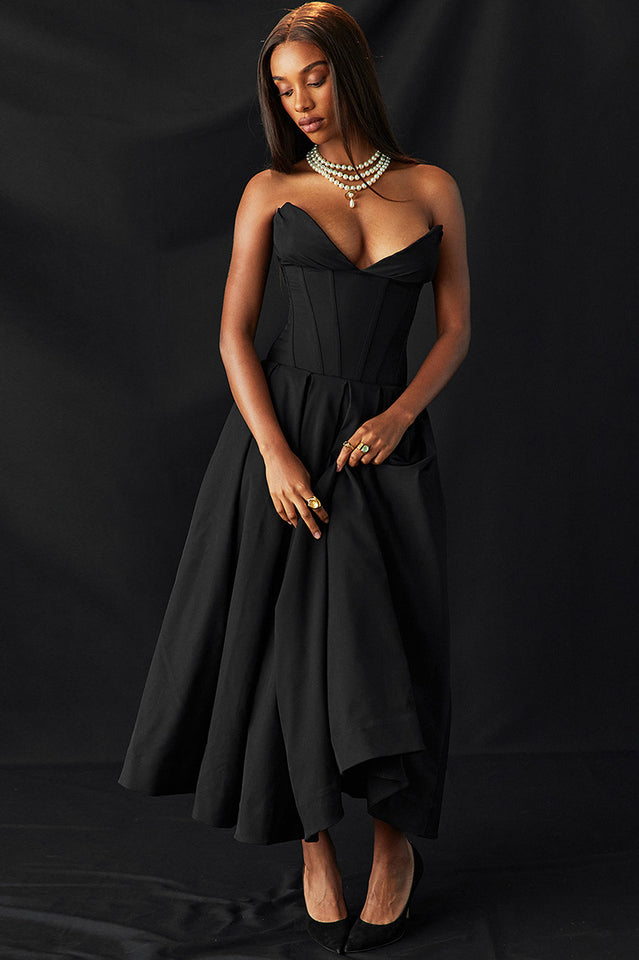 Strapless Deep Plunge Corset Boned Pleated A-Line Midi Dress