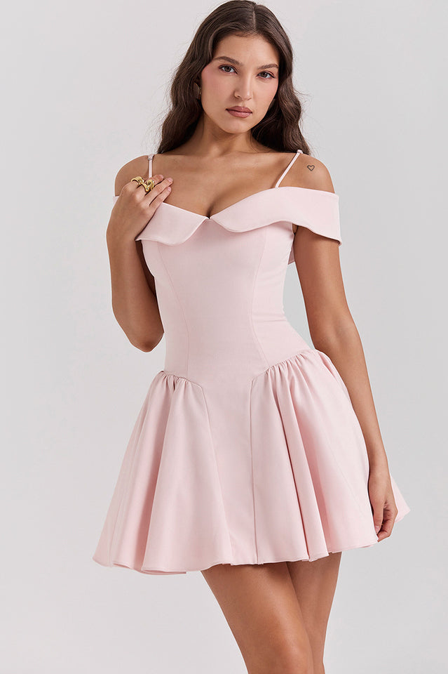 Off Shoulder Fold Over Collar Spaghetti Strap Pleated Fit and Flare Mini Dress