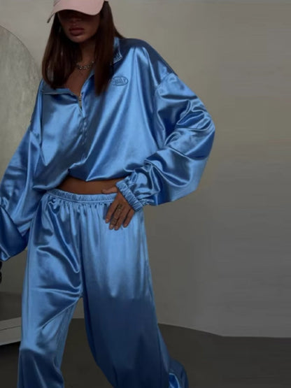 Zippered Loose Sweatshirt Jacket And Wide-Leg Pants Two-Piece Set