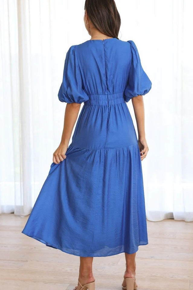 V Neck Puff Sleeve Smocked Empire Waist Tiered Midi Dress
