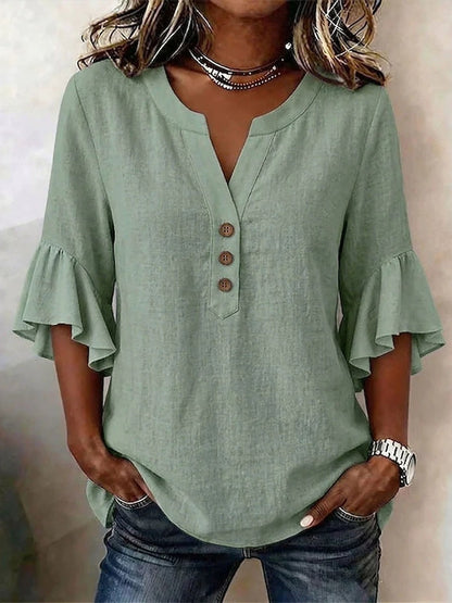V-neck Solid Color Button Casual Ruffle Sleeve T-shirt