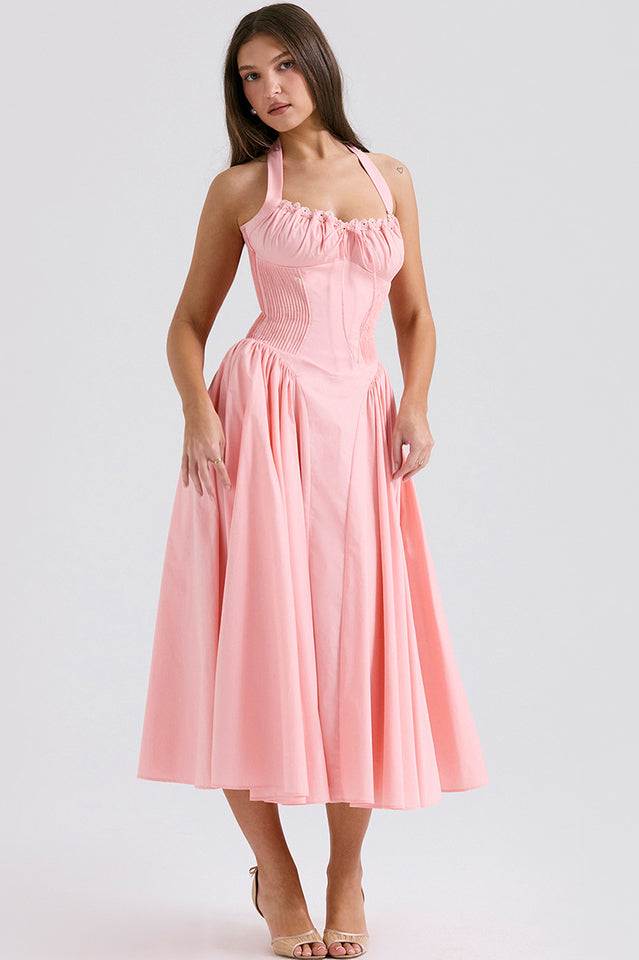 Halter Sweetheart Neck Lace Trim Ditsy Floral Corset Bodice Midi Dress