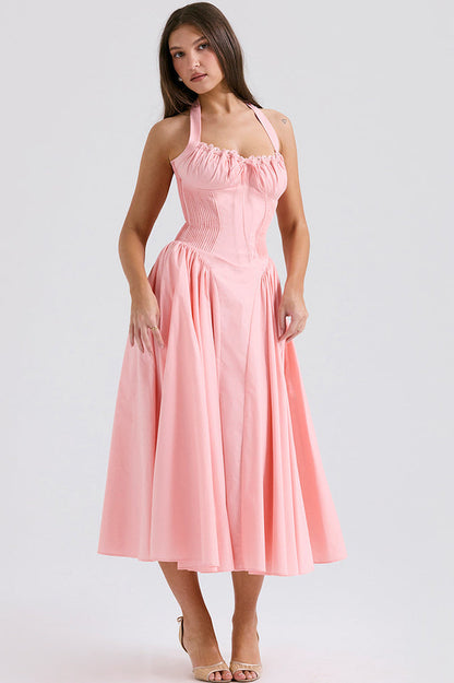 Halter Sweetheart Neck Lace Trim Ditsy Floral Corset Bodice Midi Dress