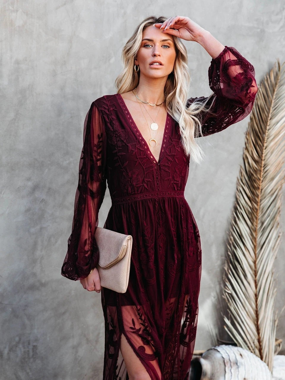 Lace Long-sleeved V-neck Solid Color Chiffon Long Dress