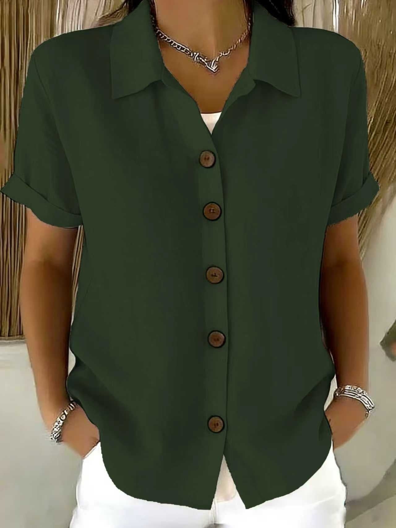 Button-up Cotton Linen Solid Color Short-sleeved T-shirt