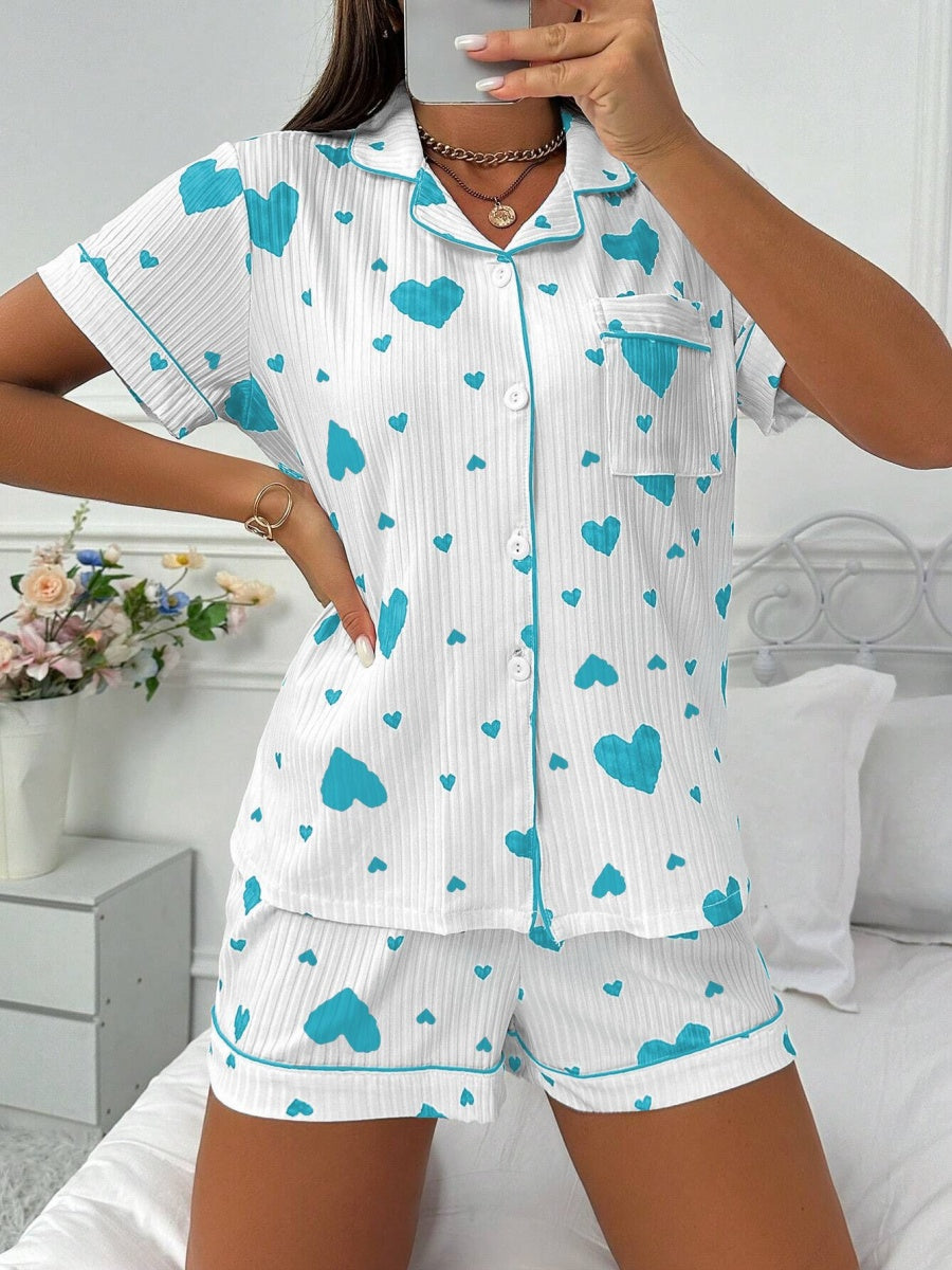 Heart-print Cardigan With Collar And Button-down Short Sleeves And Shorts, Two-piece Loungewear Set