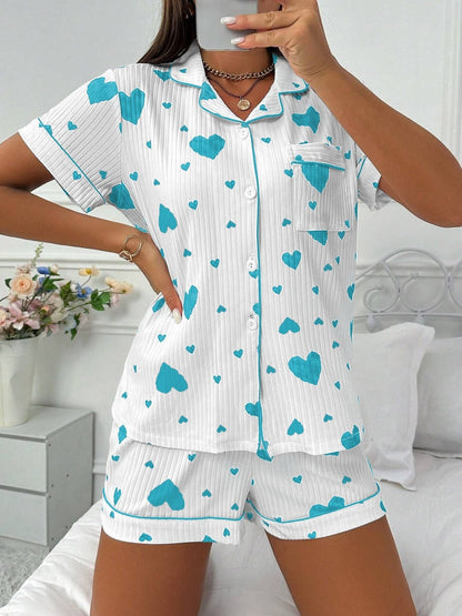 Heart-print Cardigan With Collar And Button-down Short Sleeves And Shorts, Two-piece Loungewear Set