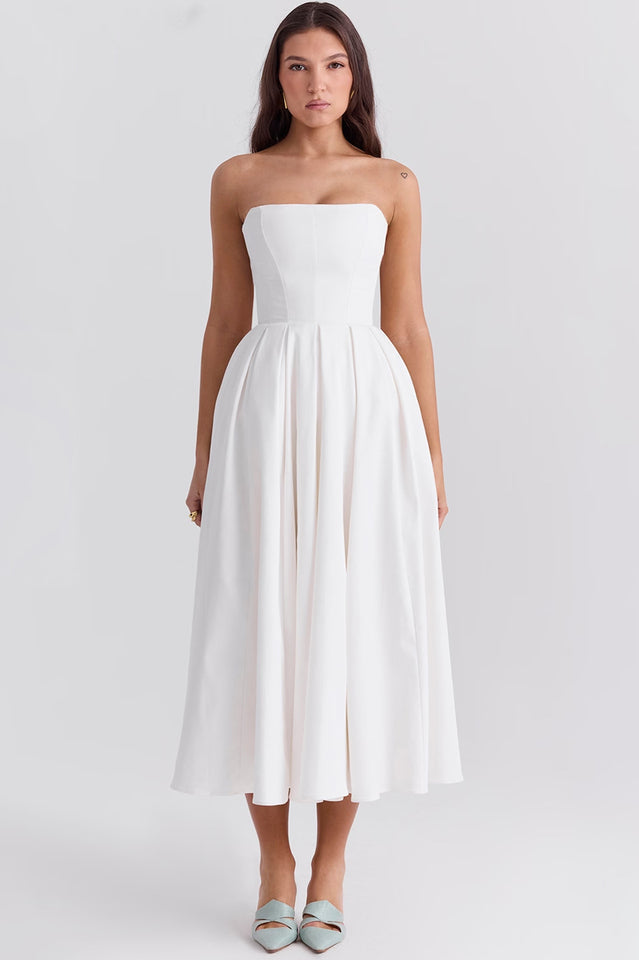 Strapless Princess Seam Pleated A-Line Midi Dress
