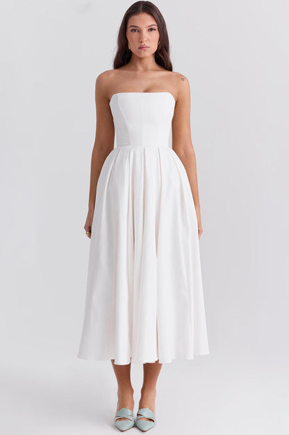 Strapless Princess Seam Pleated A-Line Midi Dress