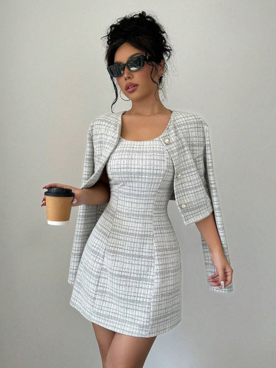 Single-breasted Short Jacket Fitted Dress 2-piece Sets