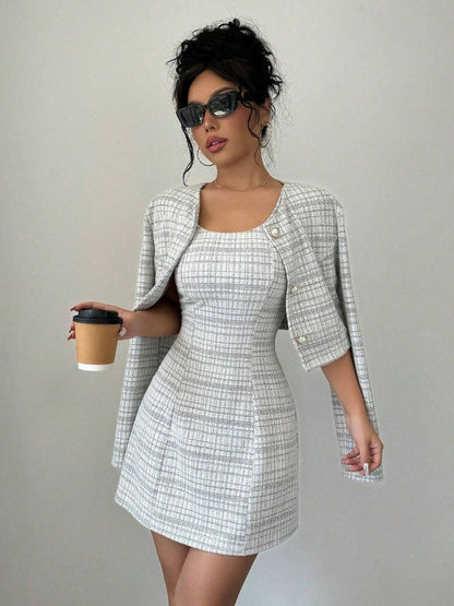 Single-breasted Short Jacket Fitted Dress 2-piece Sets