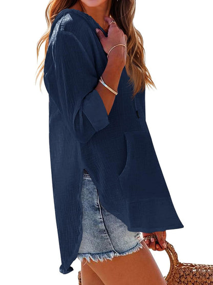 Long-sleeved V-neck Pocket Hoodie