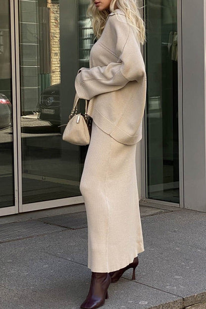 Lapel V Neck Sweater Skirt Set