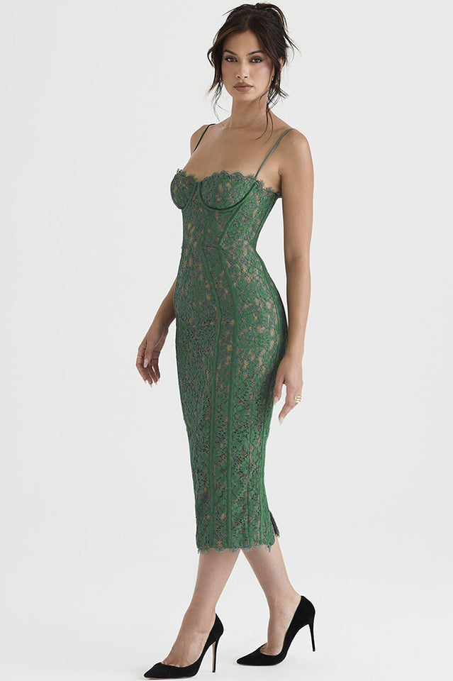 Corset Bodice Floral Lace Spaghetti Strap Scalloped Hem Midi Dress