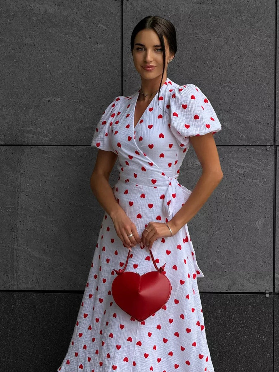 Pure Cotton Bandage Wrap-up Puff Sleeve Printed Comfort Maxi Dresses