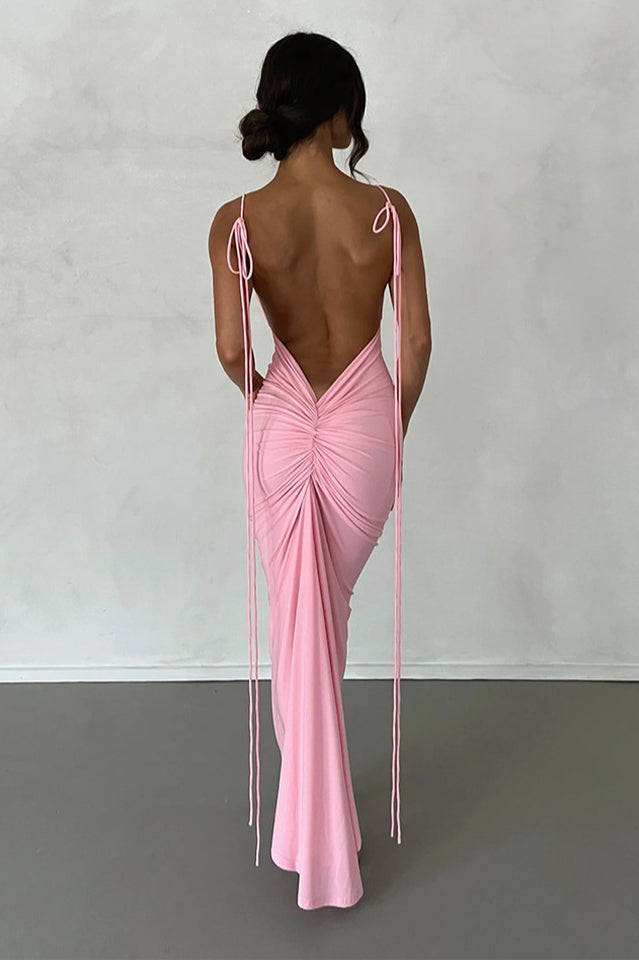 Deep V Back Tie Strap Ruched Gathered Back Bodycon Maxi Dress